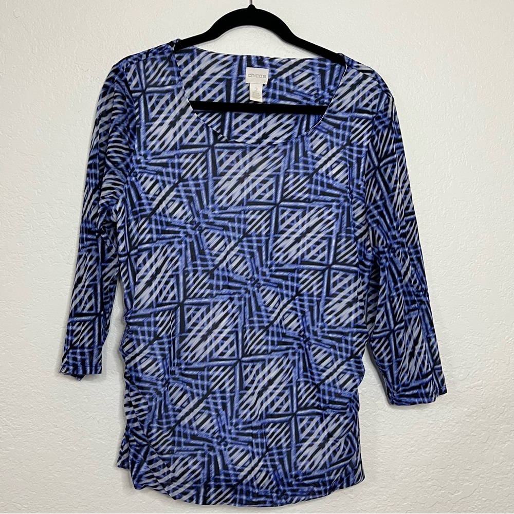 Chico's Sheer Lined Geo 3/4 Sleeve Gauze Ruched Nylon Top Women’s Size Large 2